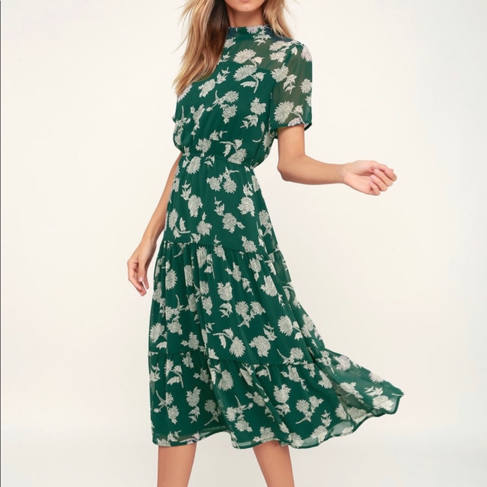 Lulus Floral Dressed Up Dark Green Floral Print Midi Dress medium